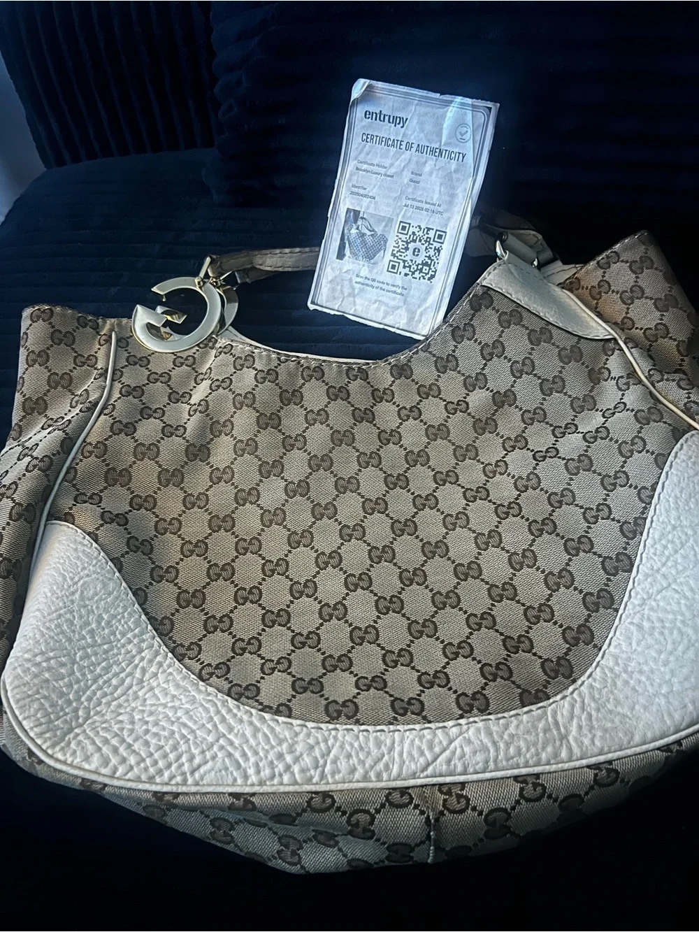 Gucci Beige GG Canvas and White Leather Hobo Bag